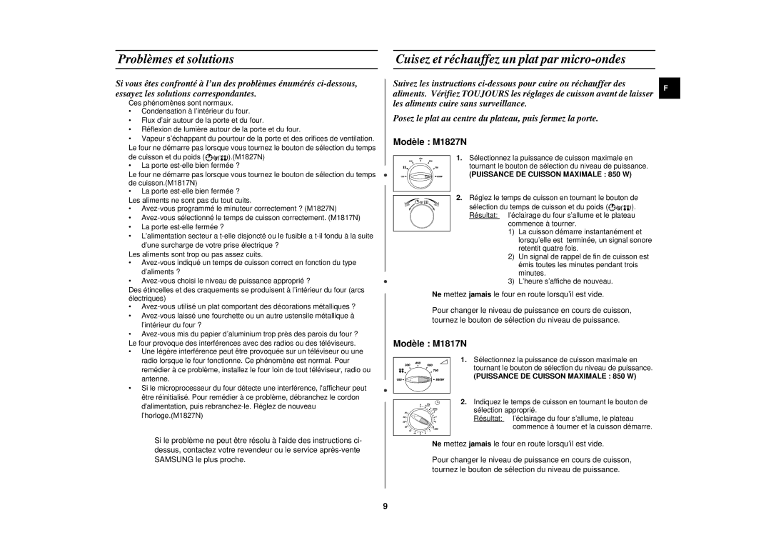 Samsung M181DN-Y/XEF, M1817N/XEF, M1817N-Y/XEF manual Problèmes et solutions, Cuisez et réchauffez un plat par micro-ondes 