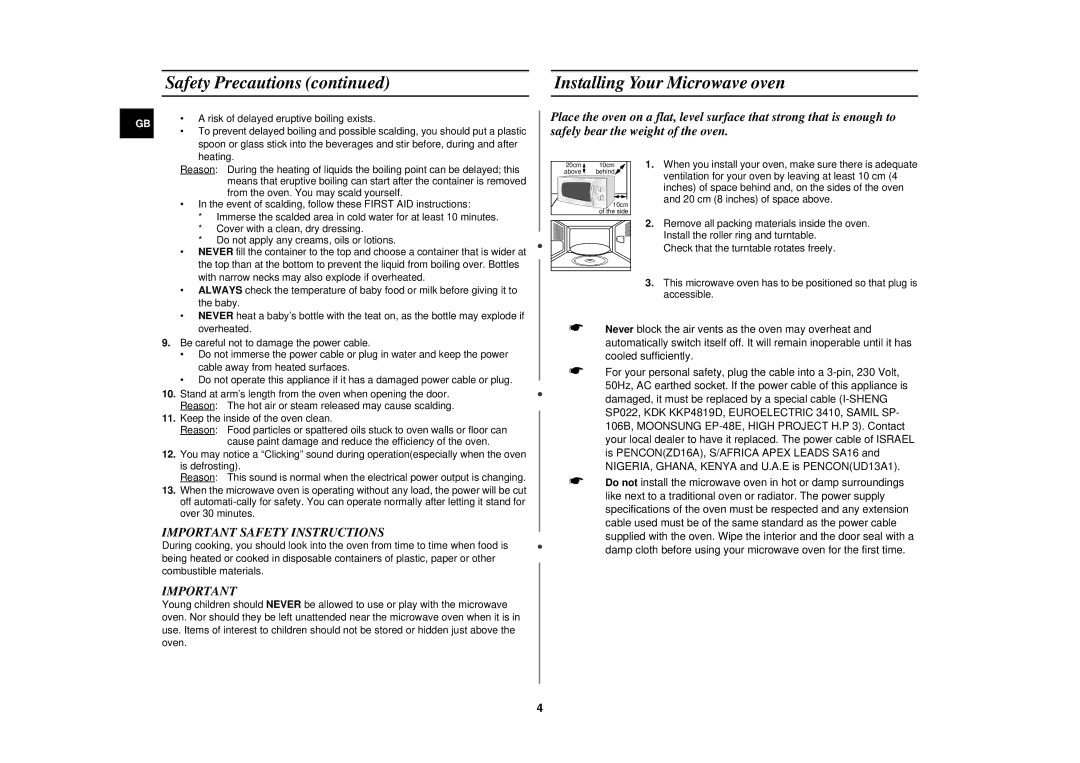 Samsung M181DN/GEN manual Safety Precautions Installing Your Microwave oven, Risk of delayed eruptive boiling exists 