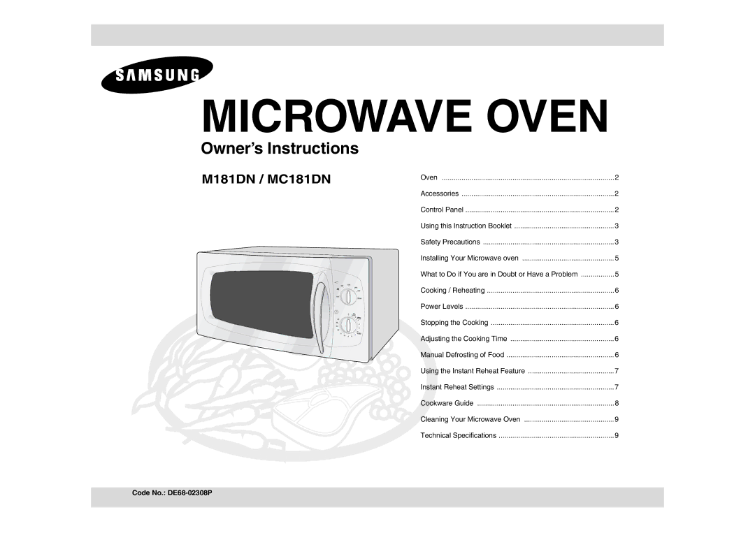 Samsung M181DN/NIG manual Microwave Oven, Code No. DE68-02308P 