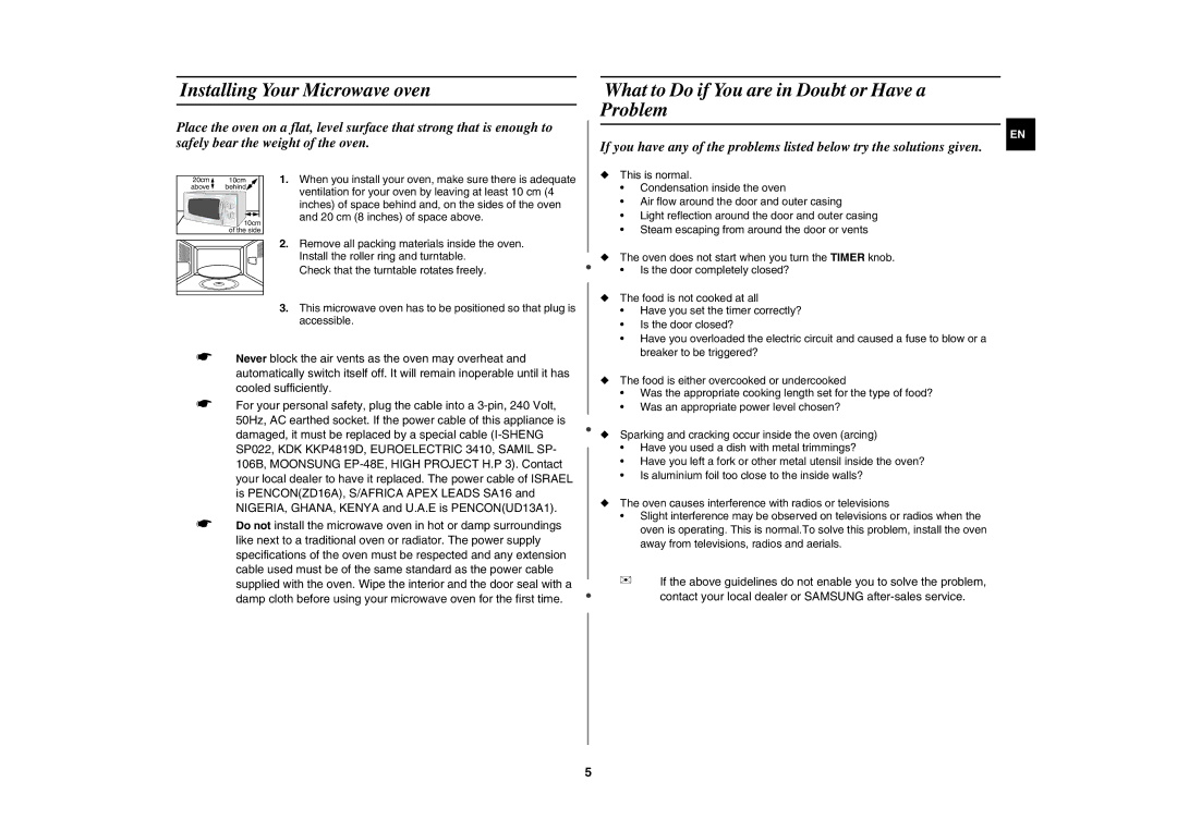 Samsung M181DN/NIG manual Installing Your Microwave oven, What to Do if You are in Doubt or Have a Problem 