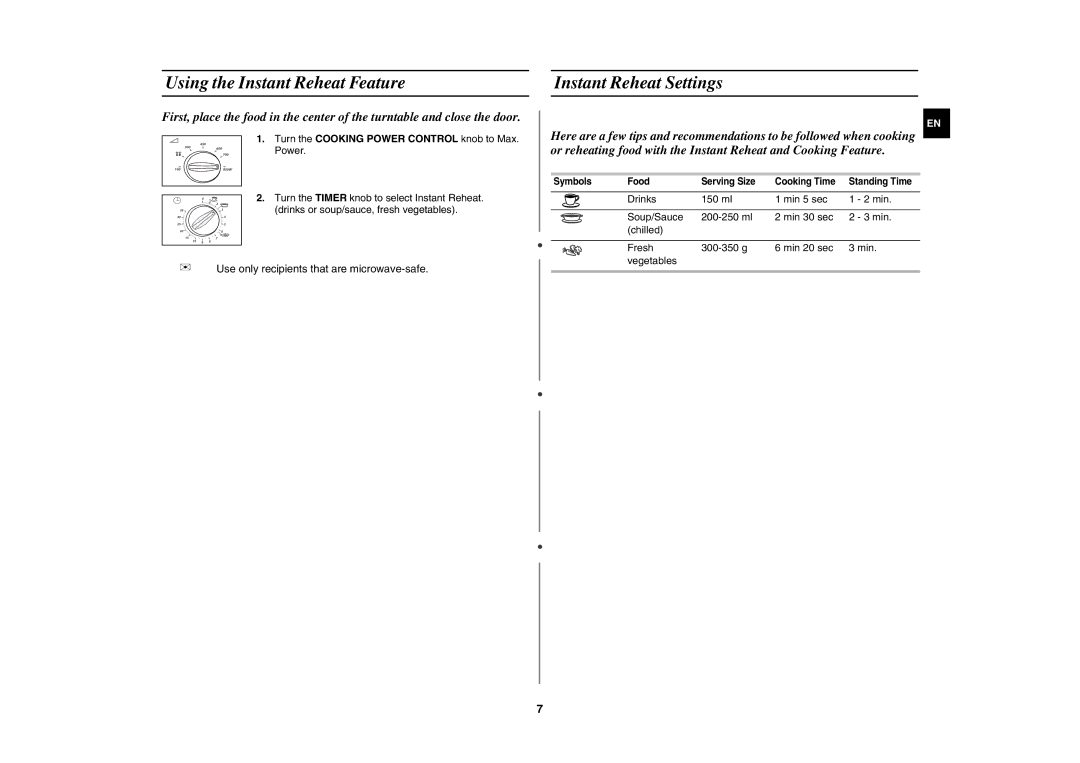 Samsung M181DN/NIG manual Using the Instant Reheat Feature, Instant Reheat Settings 