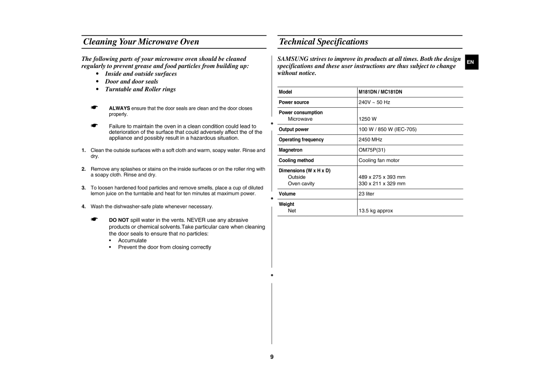 Samsung M181DN/NIG manual Cleaning Your Microwave Oven, Technical Specifications 