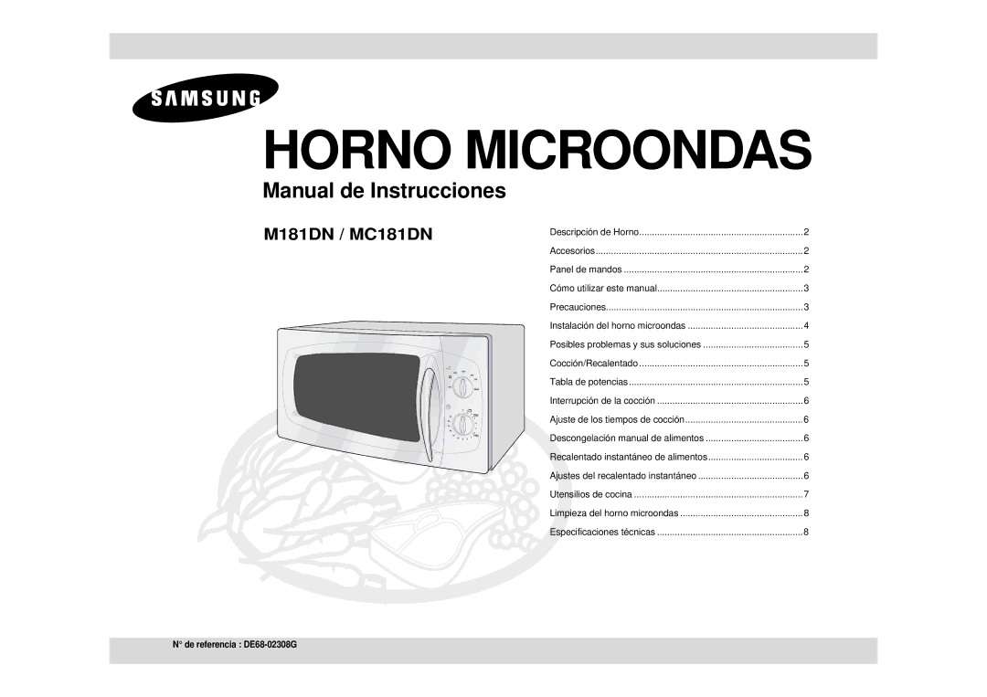 Samsung M181DN-K/XEC, M181DN/XEC manual Horno Microondas 