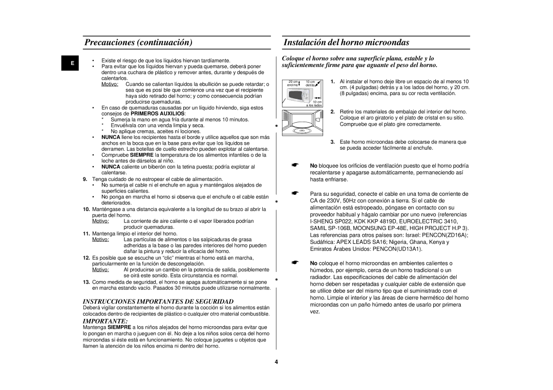 Samsung M181DN/XEC, M181DN-K/XEC manual Precauciones continuación, Instalación del horno microondas 