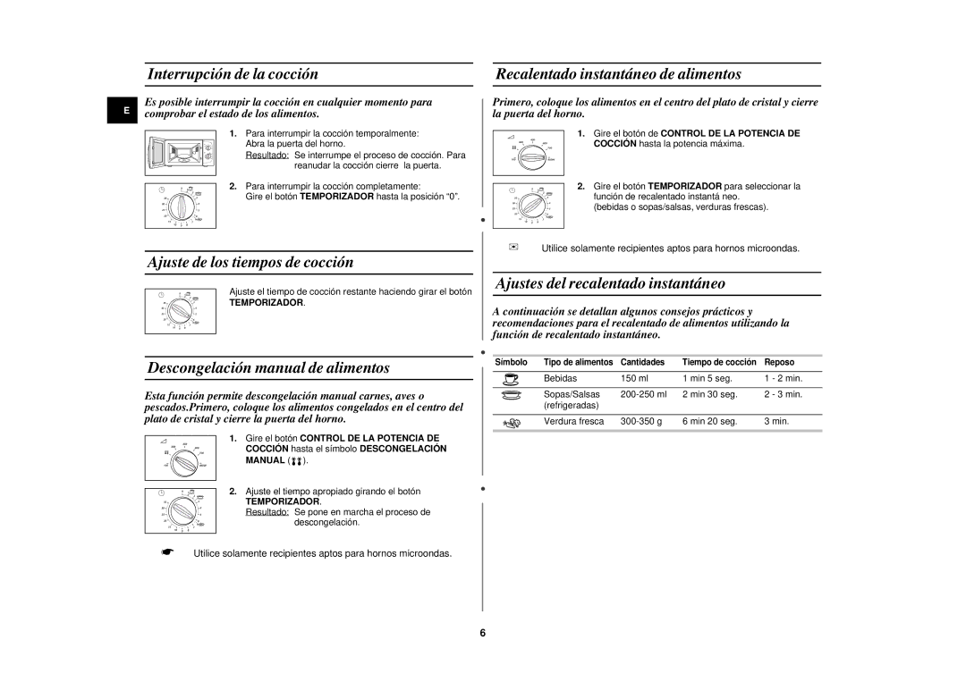 Samsung M181DN/XEC Interrupción de la cocción, Ajuste de los tiempos de cocción, Descongelación manual de alimentos 