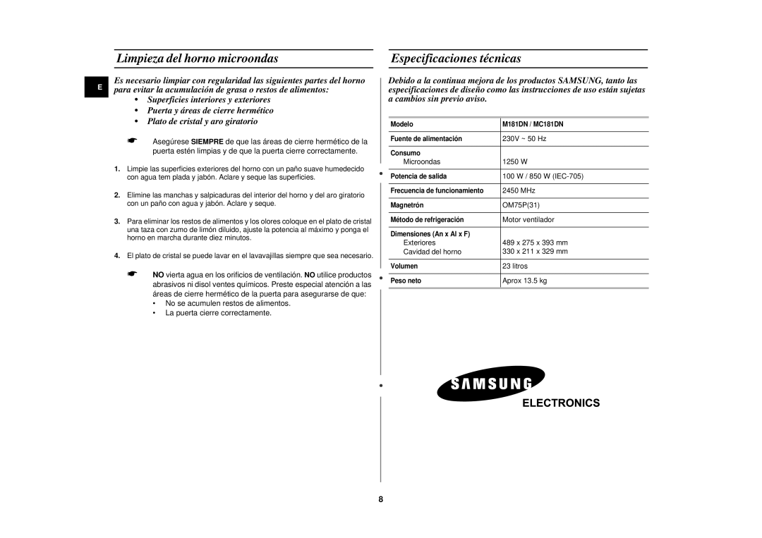 Samsung M181DN/XEC, M181DN-K/XEC manual Limpieza del horno microondas Especificaciones técnicas 