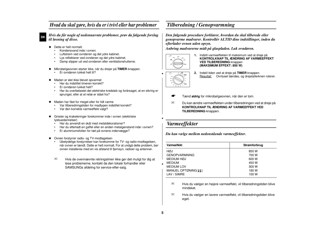 Samsung M181DN/XEE manual Tilberedning / Genopvarmning, Varmeeffekter 