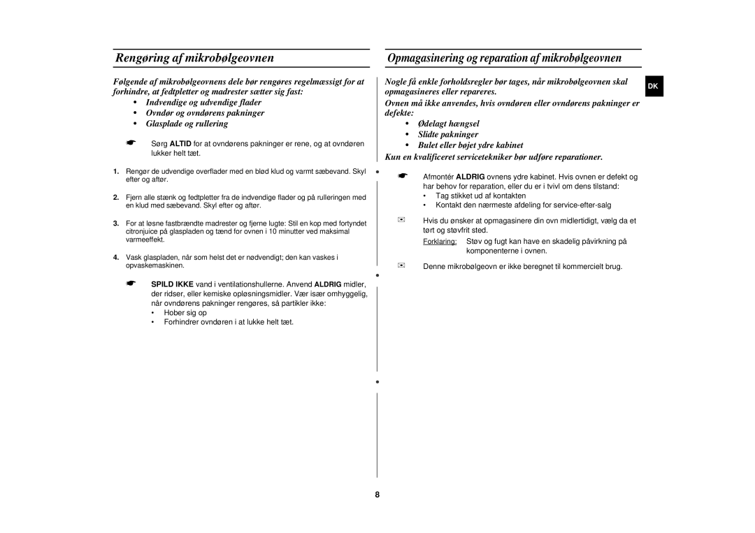 Samsung M181DN/XEE manual Rengøring af mikrobølgeovnen, Opmagasinering og reparation af mikrobølgeovnen 