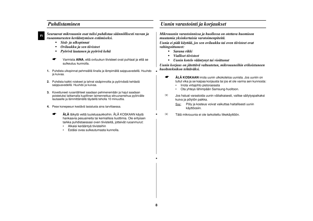 Samsung M181DN/XEE manual Puhdistaminen, Uunin varastointi ja korjaukset 