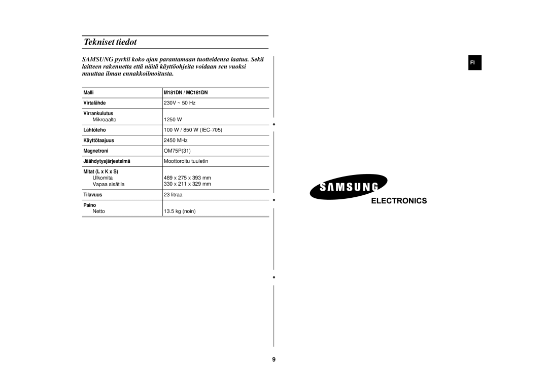 Samsung M181DN/XEE manual Tekniset tiedot 