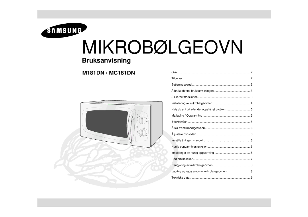 Samsung M181DN/XEE manual Mikrobølgeovn 