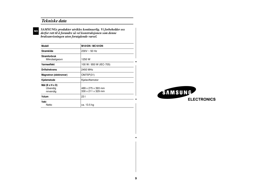 Samsung M181DN/XEE manual Tekniske data 