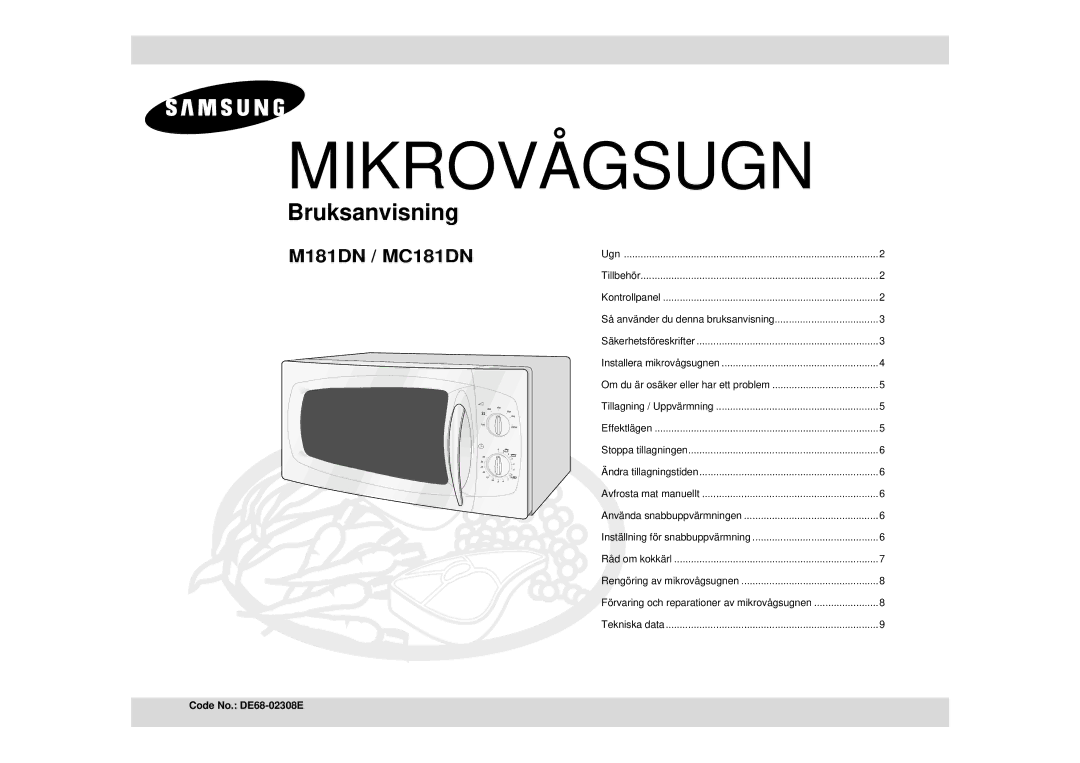 Samsung M181DN/XEE manual Mikrovågsugn 