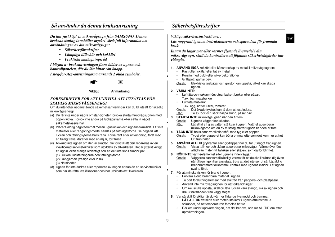 Samsung M181DN/XEE manual Så använder du denna bruksanvisning, Säkerhetsföreskrifter, Värm Inte 