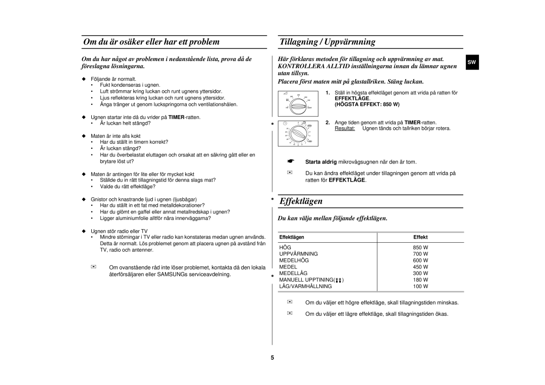 Samsung M181DN/XEE manual Om du är osäker eller har ett problem, Tillagning / Uppvärmning, Effektlägen 