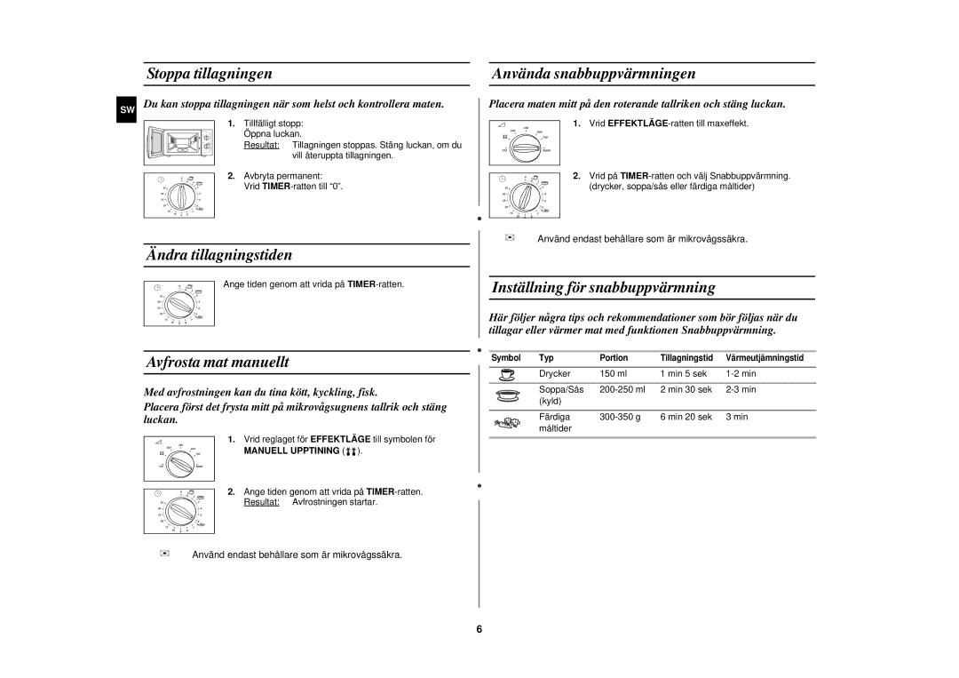 Samsung M181DN/XEE manual Stoppa tillagningen, Ändra tillagningstiden, Avfrosta mat manuellt, Använda snabbuppvärmningen 