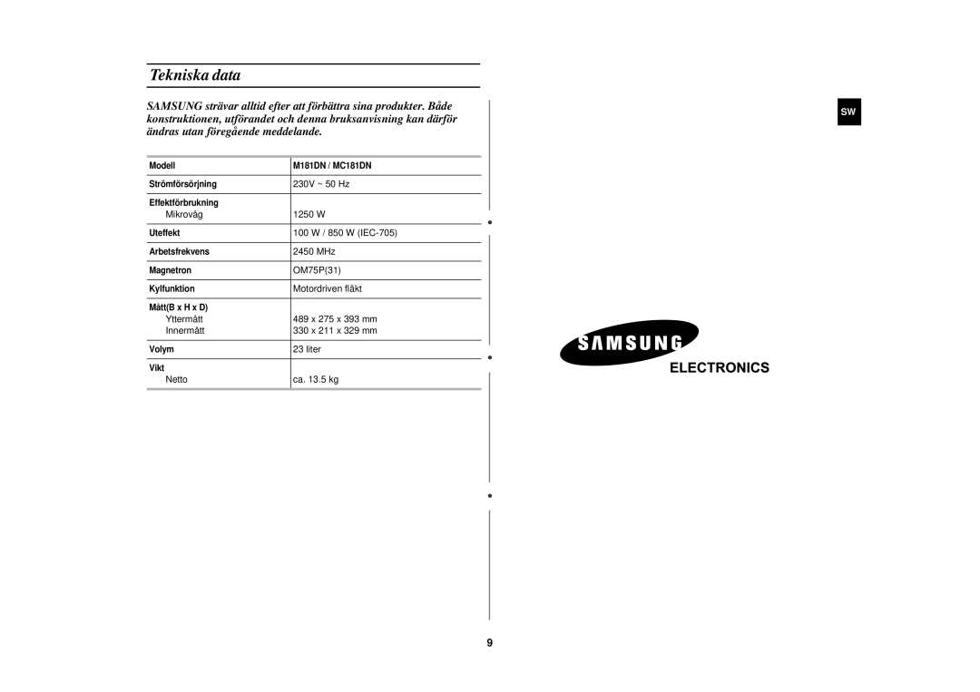 Samsung M181DN/XEE manual Tekniska data 