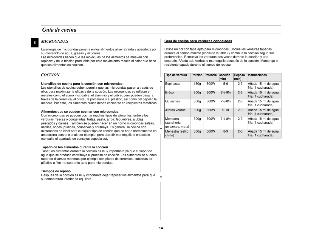 Samsung M1827N-B/XEC, M1827N-D/XEC, M1827N/XEC manual Guía de cocina, Microondas, Cocción 