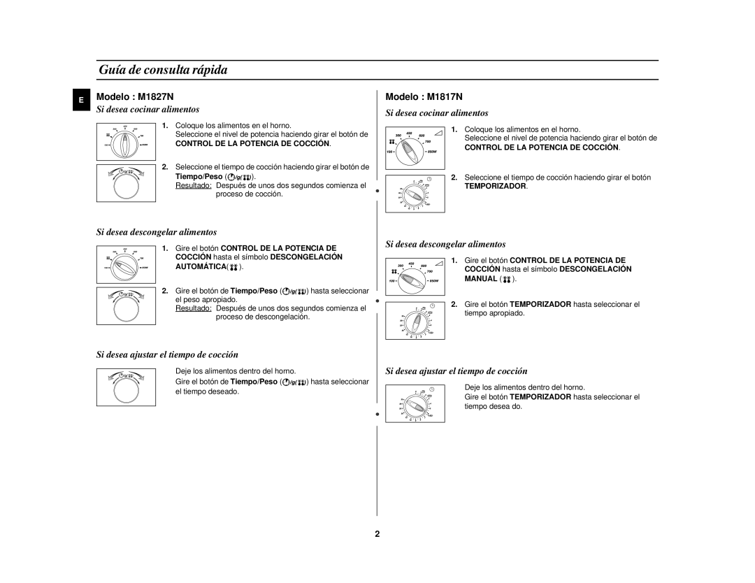 Samsung M1827N-B/XEC, M1827N-D/XEC Guía de consulta rápida, Control DE LA Potencia DE Cocción, Tiempo/Peso, Temporizador 