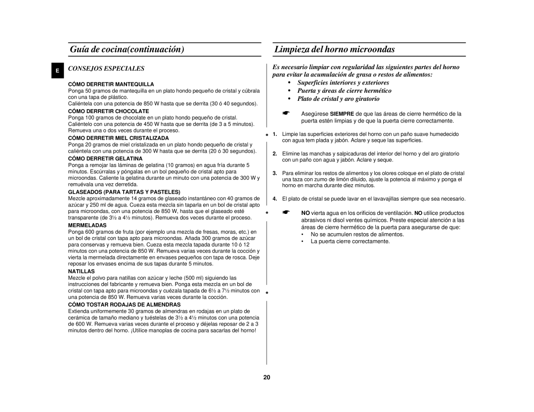 Samsung M1827N-B/XEC, M1827N-D/XEC, M1827N/XEC manual Limpieza del horno microondas, Consejos Especiales 