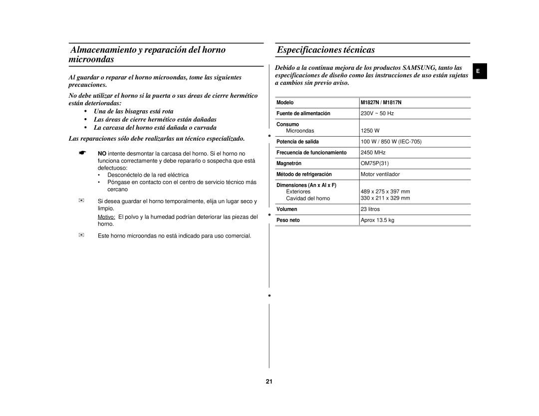 Samsung M1827N-D/XEC, M1827N/XEC, M1827N-B/XEC Almacenamiento y reparación del horno microondas, Especificaciones técnicas 