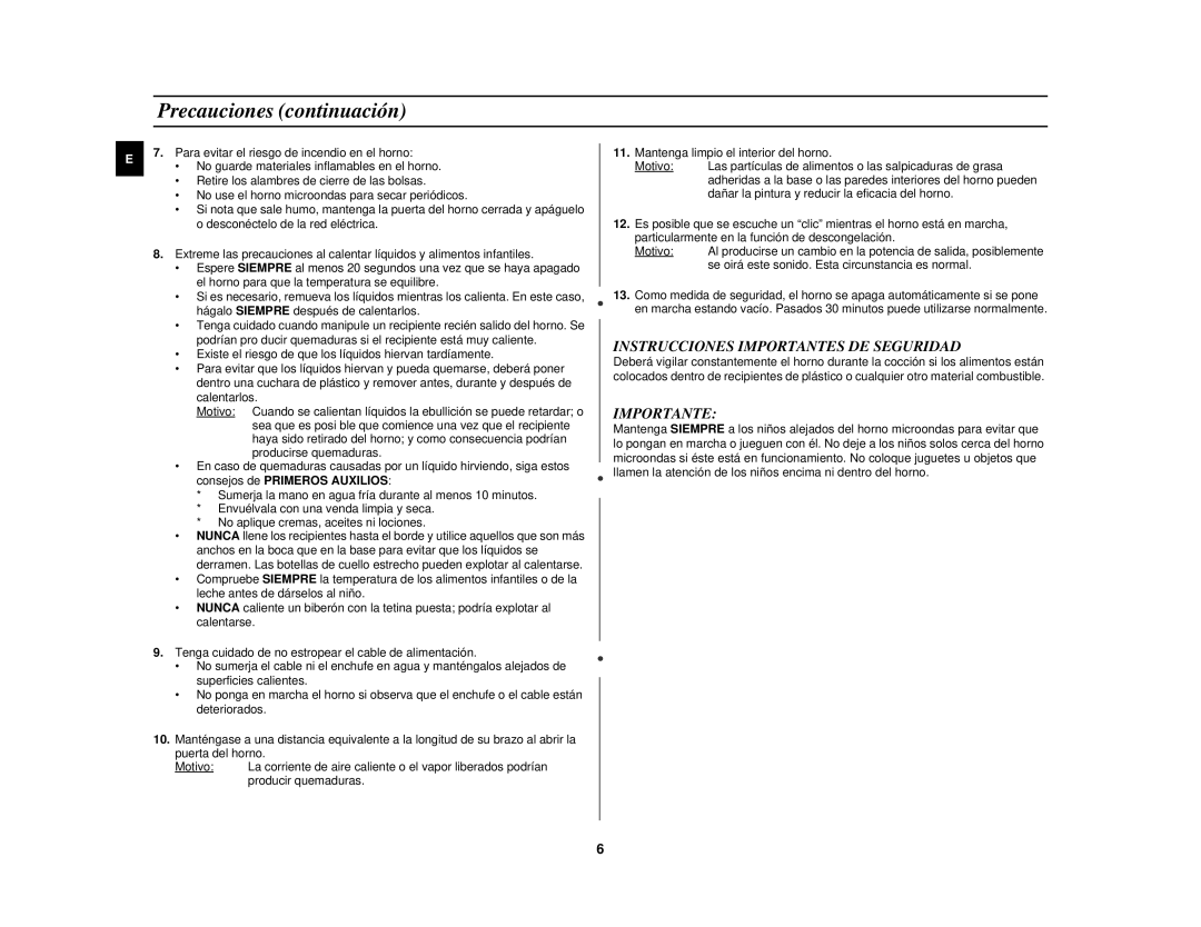 Samsung M1827N-D/XEC, M1827N/XEC, M1827N-B/XEC manual Precauciones continuación, Instrucciones Importantes DE Seguridad 