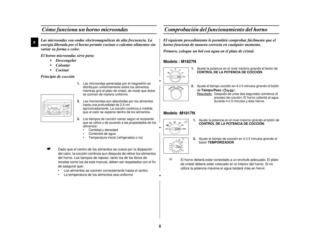 Samsung M1827N-B/XEC, M1827N-D/XEC, M1827N/XEC manual Control DE LA Potencia DE Cocción, De Tiempo/Peso 