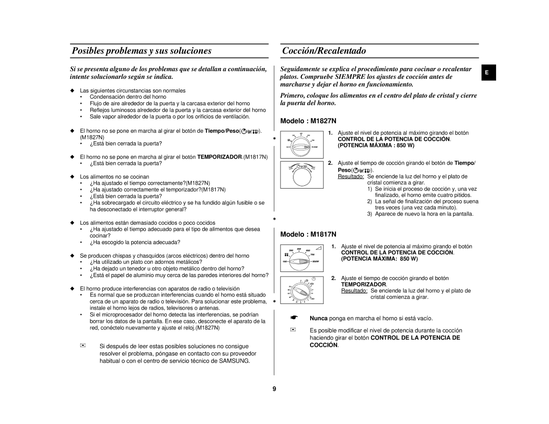Samsung M1827N-D/XEC, M1827N/XEC, M1827N-B/XEC manual Posibles problemas y sus soluciones Cocción/Recalentado, Peso 