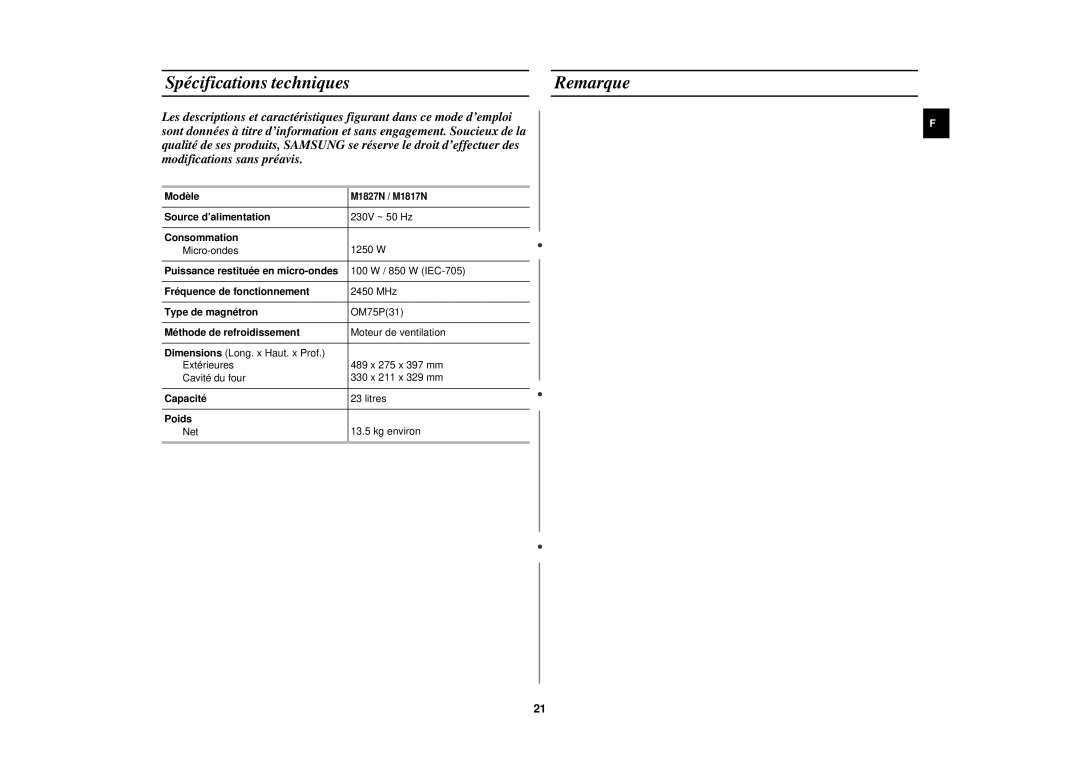 Samsung M1827N-X/XEF, M1827N/XEF manual Spécifications techniques Remarque 