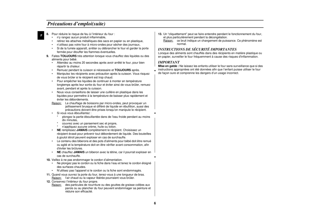 Samsung M1827N/XEF, M1827N-X/XEF manual Précautions d’emploisuite, Instructions DE Sécurité Importantes 