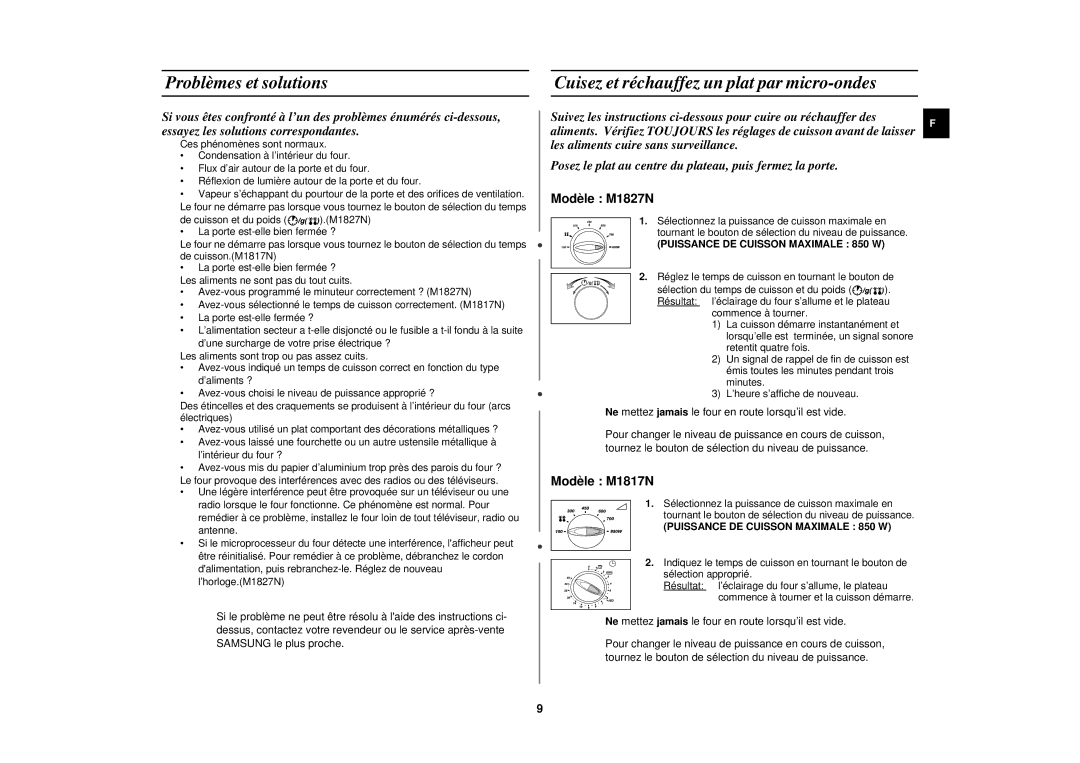 Samsung M1827N-X/XEF, M1827N/XEF manual Problèmes et solutions, Cuisez et réchauffez un plat par micro-ondes 