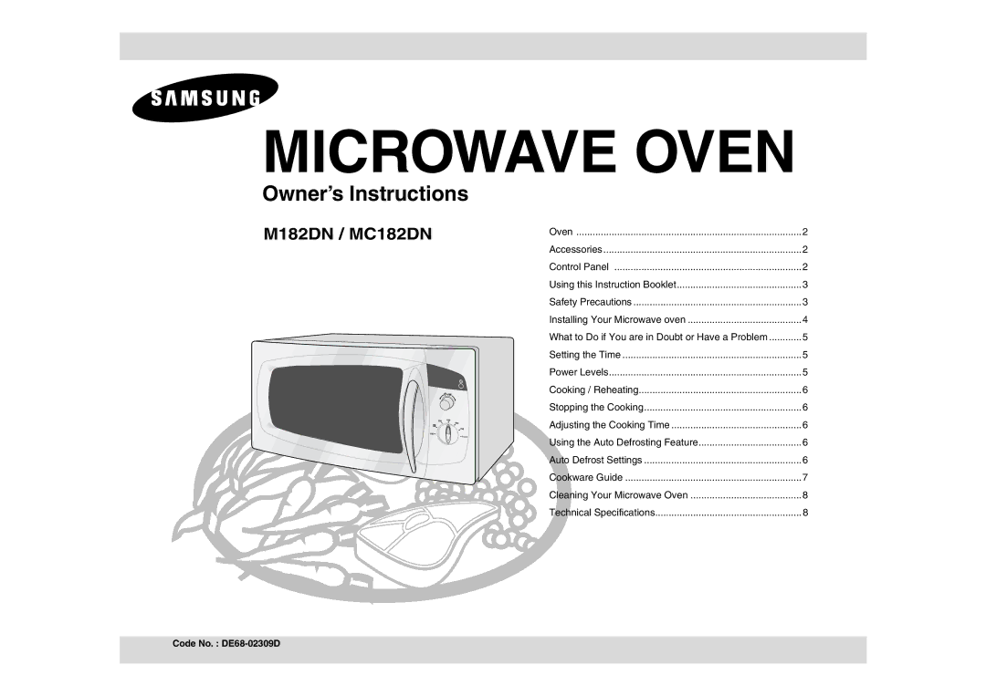 Samsung MC182DN, M182DN technical specifications Microwave Oven, Code No. DE68-02309D 