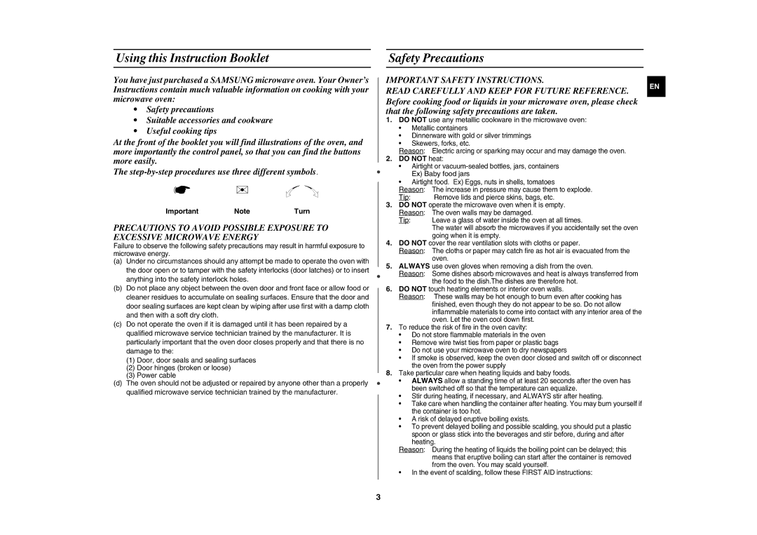 Samsung MC182DN, M182DN Using this Instruction Booklet, Safety Precautions, Important NoteTurn, Do not heat 