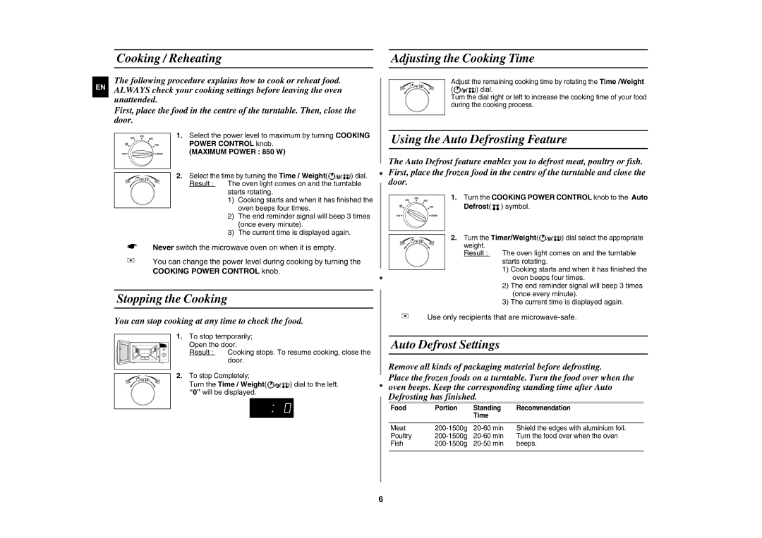 Samsung M182DN Cooking / Reheating, Stopping the Cooking, Adjusting the Cooking Time, Using the Auto Defrosting Feature 