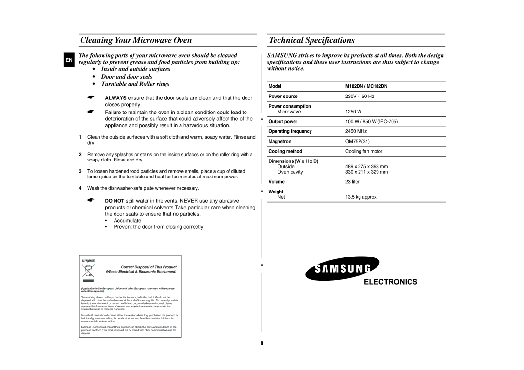 Samsung M182DN, MC182DN technical specifications Cleaning Your Microwave Oven, Technical Specifications 