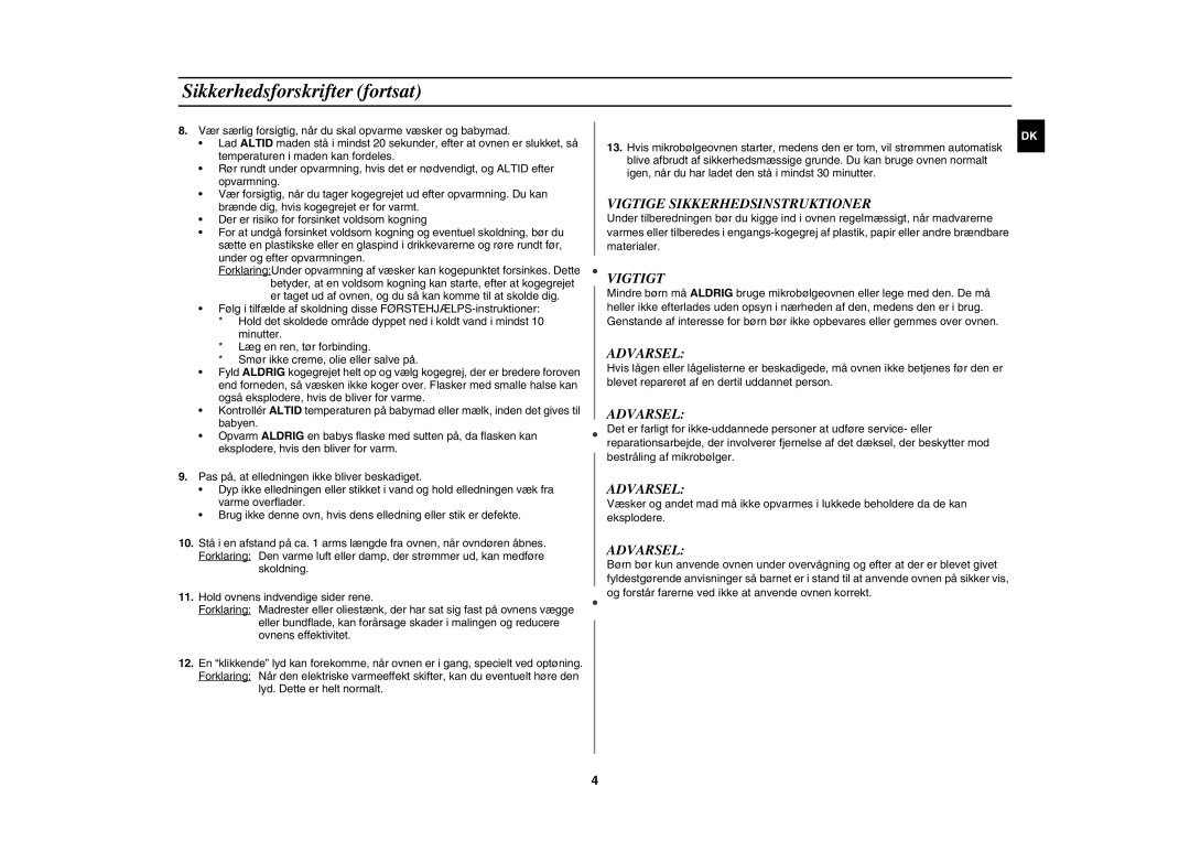 Samsung M182DN-S/XEE, M182DN/XEE manual Sikkerhedsforskrifter fortsat, Vigtige Sikkerhedsinstruktioner 