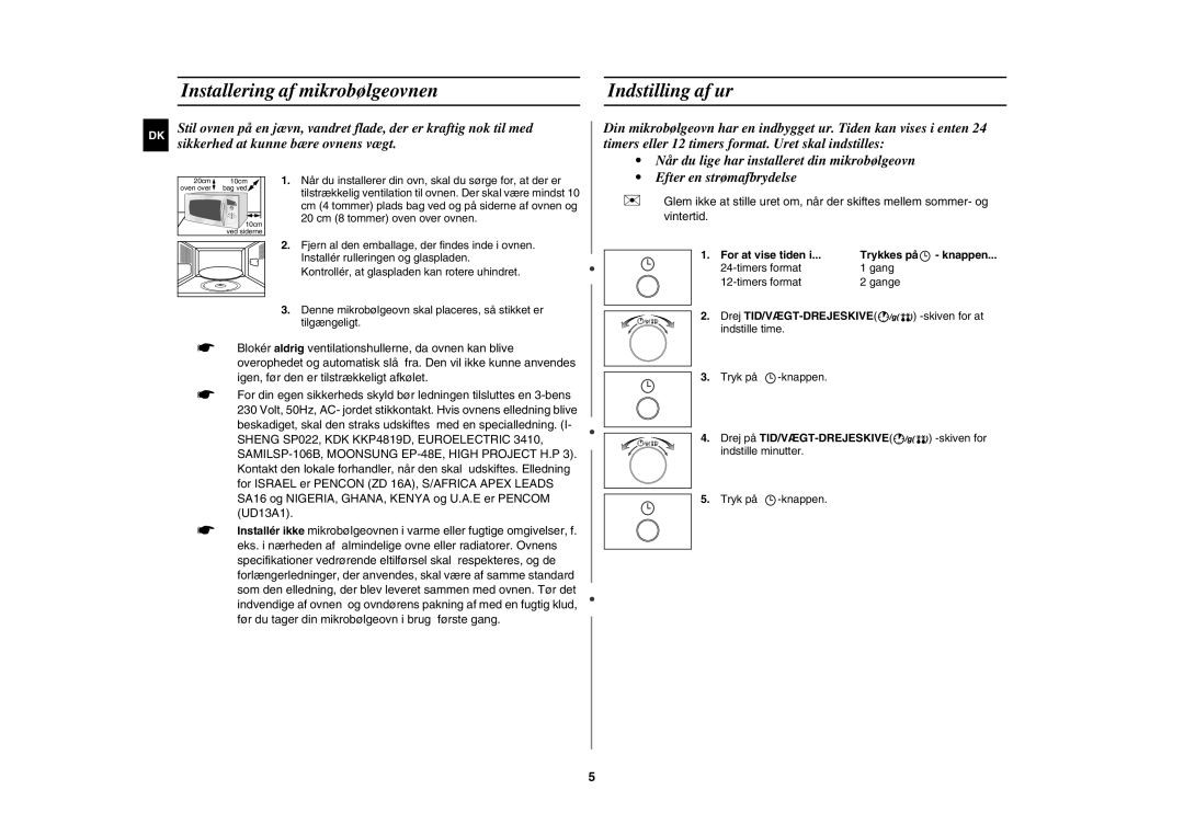 Samsung M182DN/XEE, M182DN-S/XEE manual Installering af mikrobølgeovnen Indstilling af ur, Trykkes på knappen 