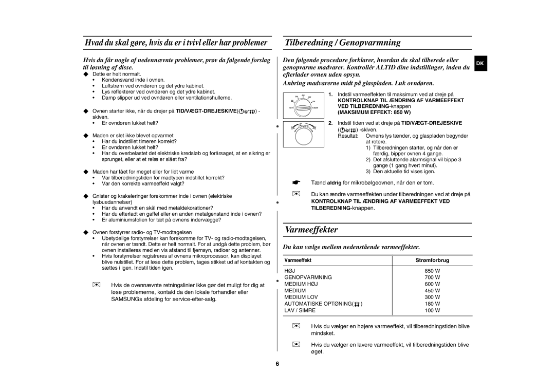 Samsung M182DN-S/XEE, M182DN/XEE manual Tilberedning / Genopvarmning, Varmeeffekter, Strømforbrug 