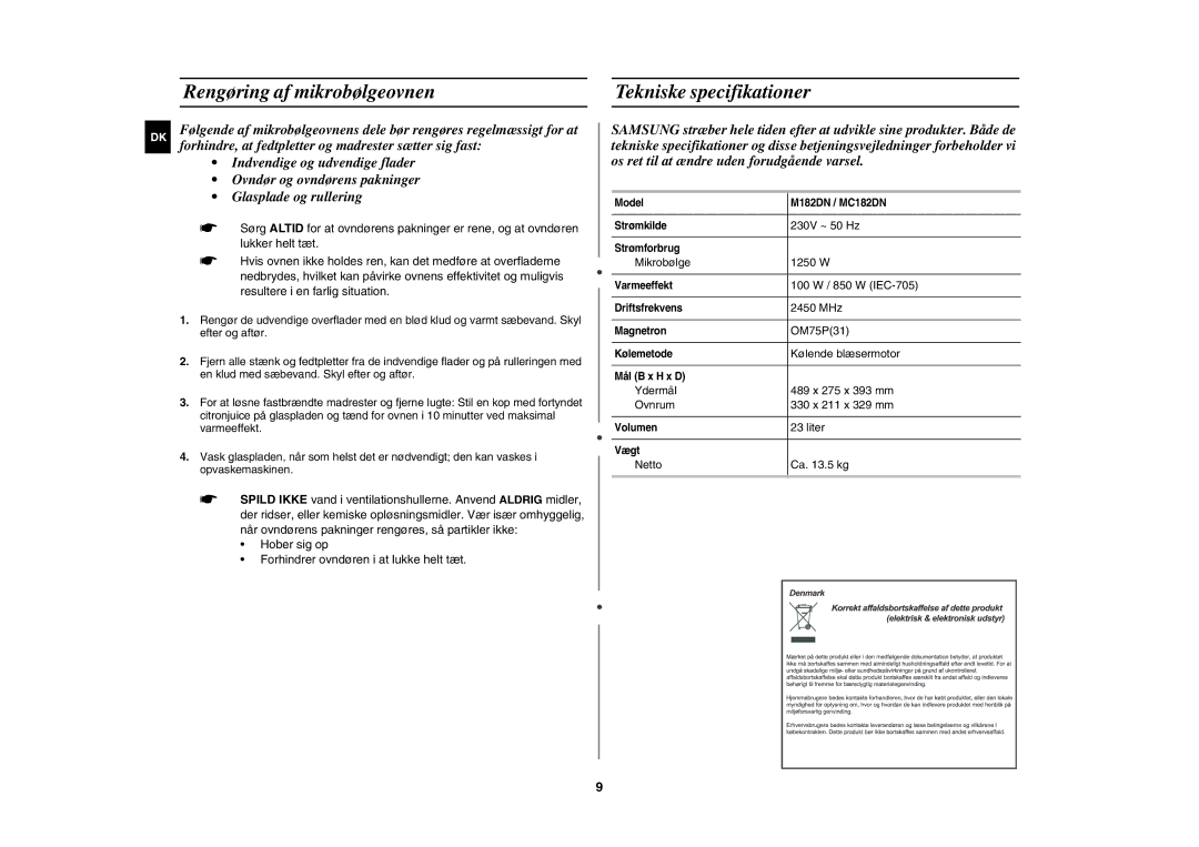 Samsung M182DN/XEE, M182DN-S/XEE manual Rengøring af mikrobølgeovnen Tekniske specifikationer 