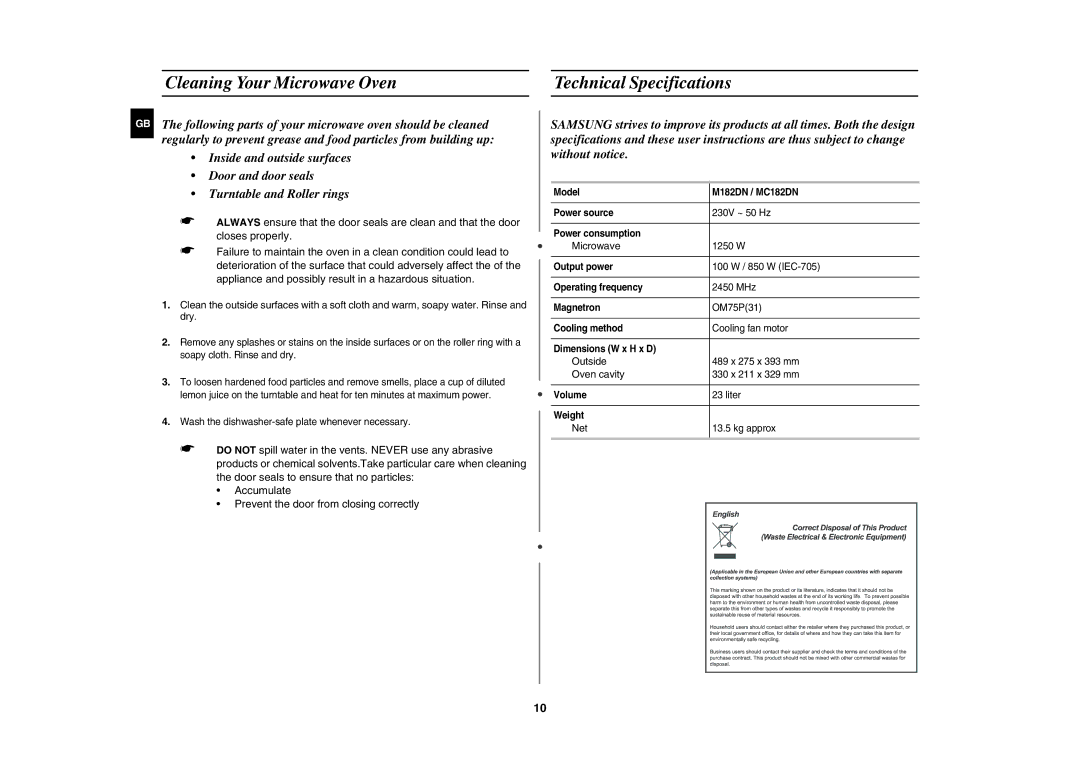 Samsung M182DN-S/XEE, M182DN/XEE manual Cleaning Your Microwave Oven Technical Specifications, Outside, Oven cavity, Net 