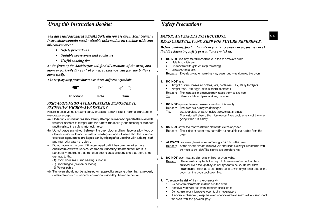 Samsung M182DN/XEE, M182DN-S/XEE manual Using this Instruction Booklet Safety Precautions, Important NoteTurn, Do not heat 