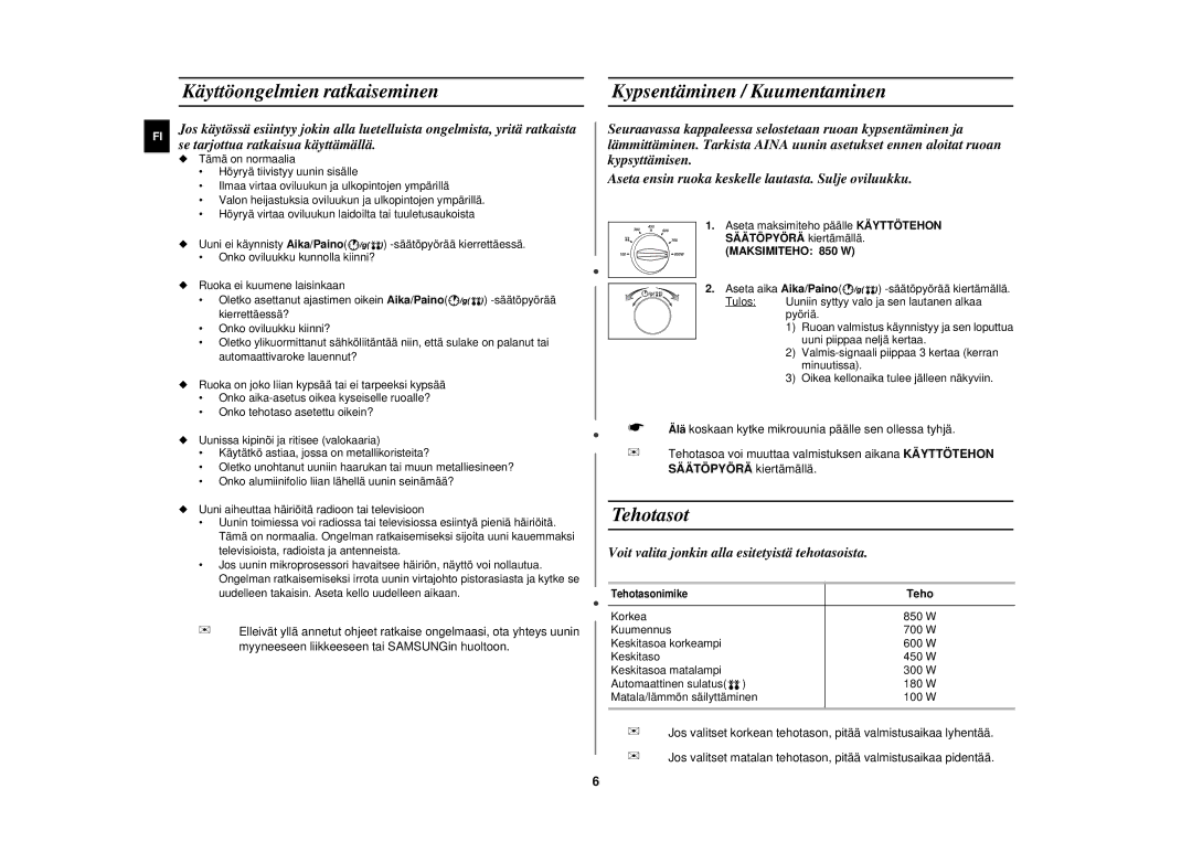 Samsung M182DN-S/XEE, M182DN/XEE manual Käyttöongelmien ratkaiseminen, Kypsentäminen / Kuumentaminen, Tehotasot 