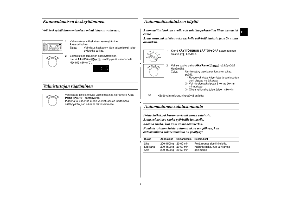 Samsung M182DN/XEE, M182DN-S/XEE manual Kuumentamisen keskeyttäminen, Automaattisulatuksen käyttö, Valmistusajan säätäminen 