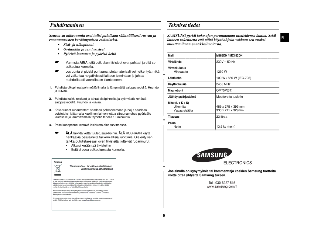 Samsung M182DN/XEE, M182DN-S/XEE manual Puhdistaminen, Tekniset tiedot 