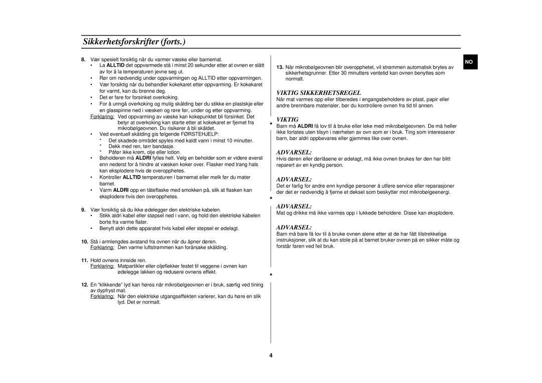 Samsung M182DN-S/XEE, M182DN/XEE manual Sikkerhetsforskrifter forts, Viktig Sikkerhetsregel 