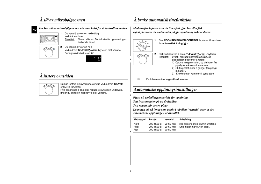 Samsung M182DN/XEE, M182DN-S/XEE manual Slå av mikrobølgeovnen, Justere ovnstiden, Bruke automatisk tinefunksjon 