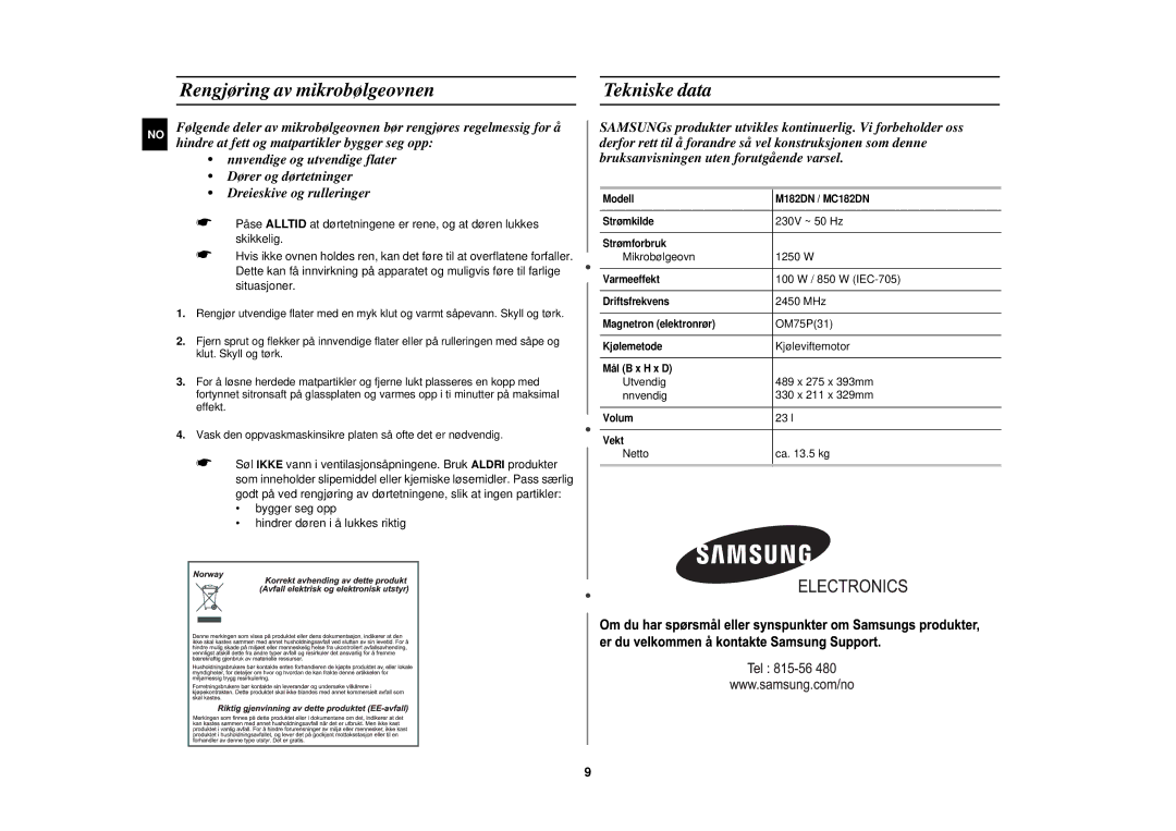 Samsung M182DN/XEE, M182DN-S/XEE manual Rengjøring av mikrobølgeovnen, Tekniske data 