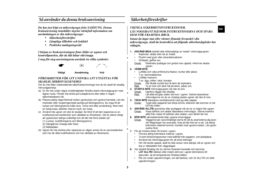 Samsung M182DN/XEE manual Så använder du de nna bruksanvisning, Säkerhetsför eskrifter, Viktigt AnmärkningVrid, Värm Inte 