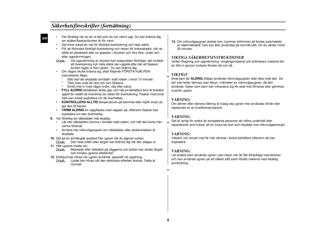 Samsung M182DN-S/XEE, M182DN/XEE manual Säkerhetsföreskrif ter fortsättning, Viktiga Säkerhetsinstruktioner 