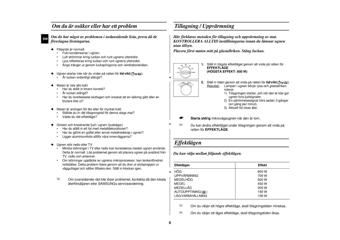 Samsung M182DN-S/XEE, M182DN/XEE manual Effektlägen, Effektläge Högsta Effekt 850 W 